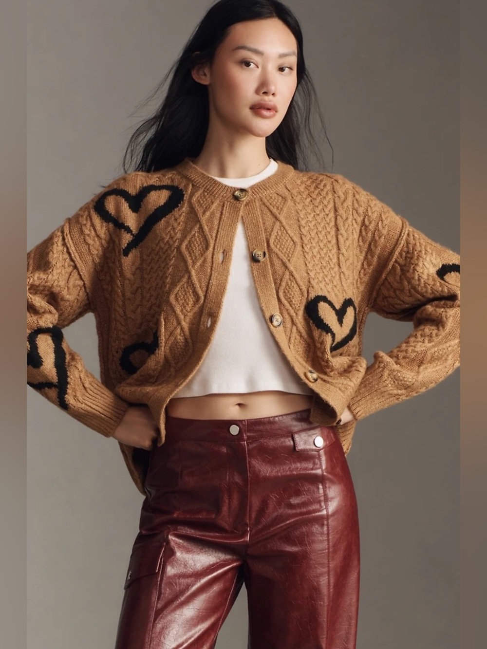 Anthropologie Maeve Intarsia Cable Knit Hearts Cardigan Sweater (Size XL) - NWT